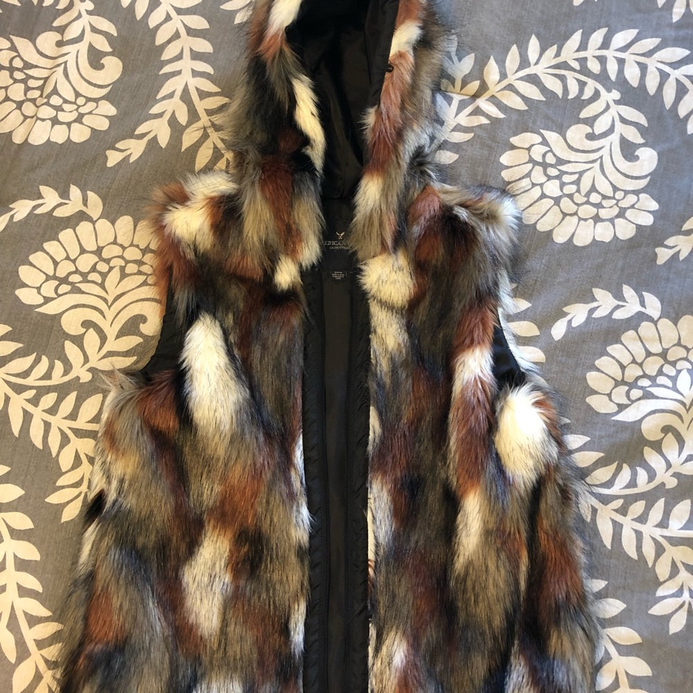 America Eagle Hooded Faux Fur Vest